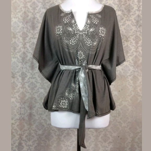 Free People Tops - **SOLD** Free People Gray Floral Waist Tie Boho Shirt XS